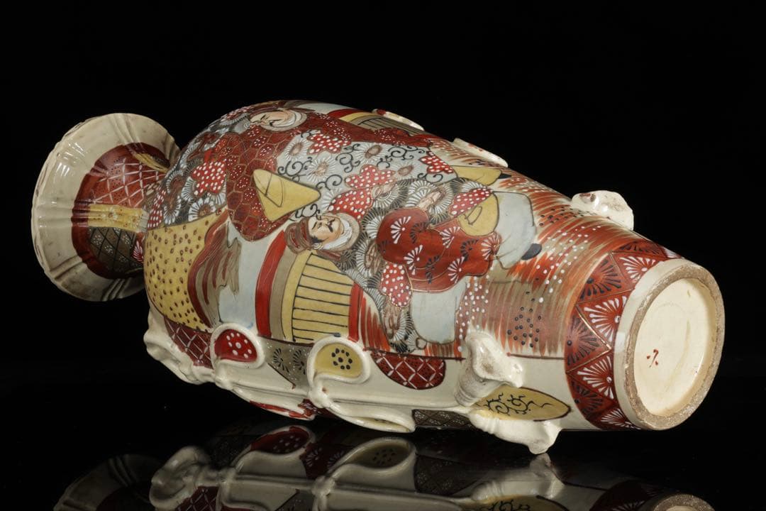 薩摩焼 色絵金彩 武者人物図大花瓶 54㎝ 耳付 飾壺 古美術 骨董品 時代物