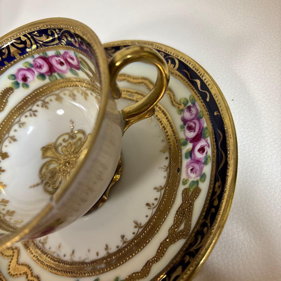 オールドノリタケ 金盛上・コバルト薔薇図紋　カップソーサー2客セット
