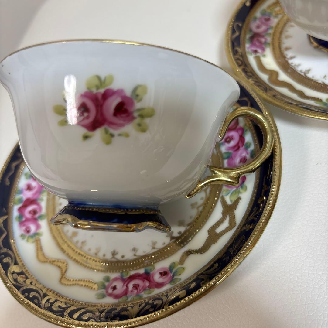 オールドノリタケ 金盛上・コバルト薔薇図紋　カップソーサー2客セット