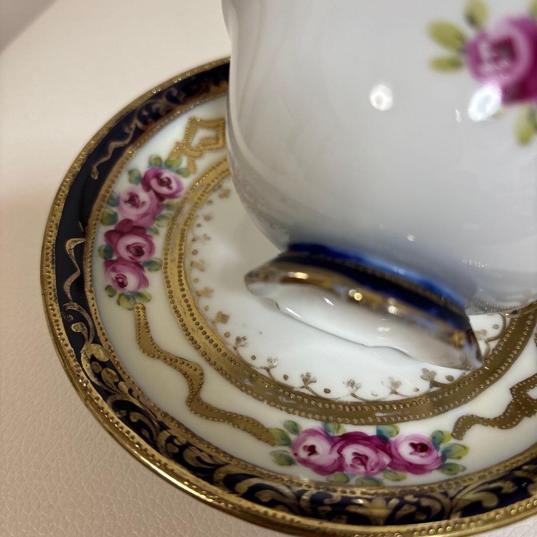 オールドノリタケ 金盛上・コバルト薔薇図紋　カップソーサー2客セット