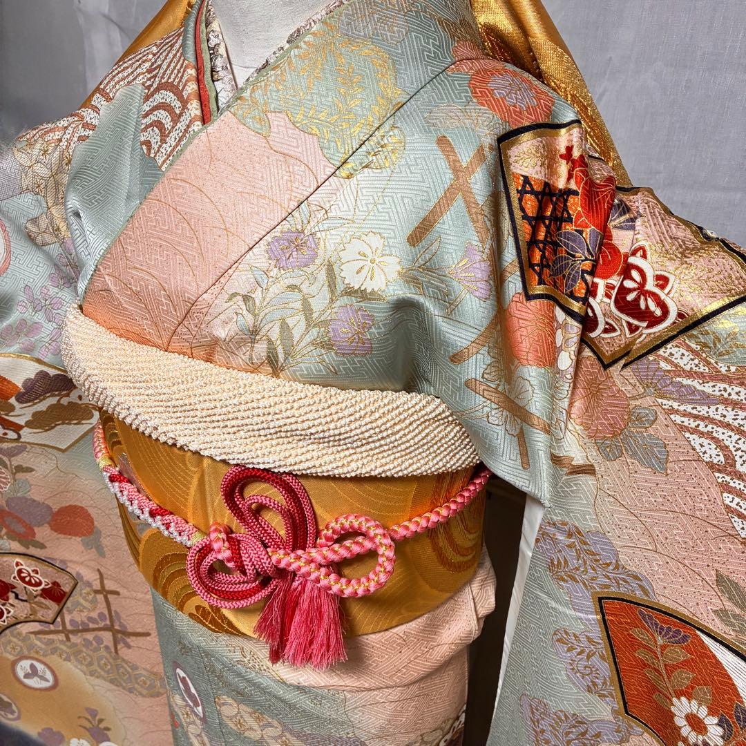 ⁂⁂いちなな様⁂⁂【振袖フルセット】 水色 金駒刺繍 花柄 扇柄