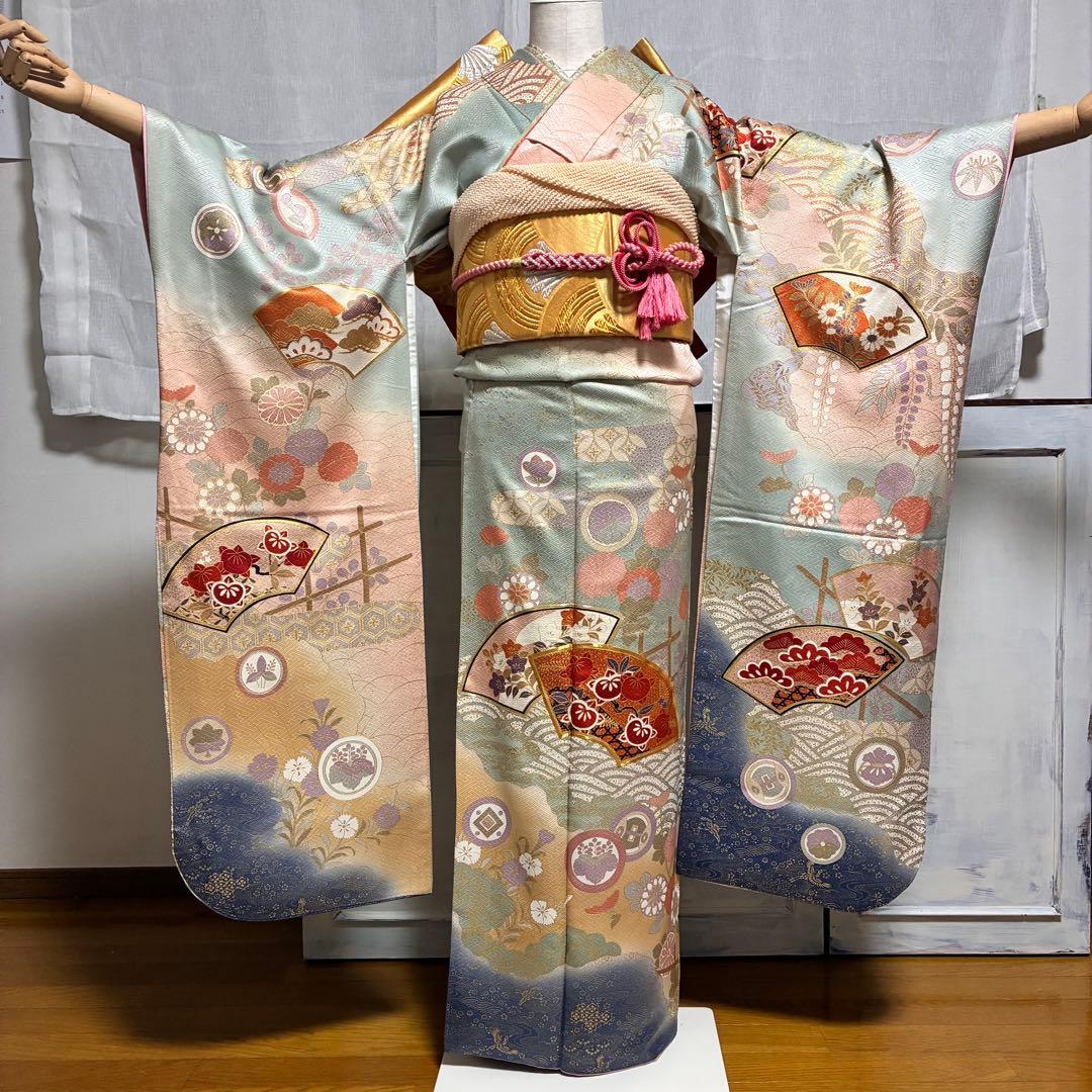 ⁂⁂いちなな様⁂⁂【振袖フルセット】 水色 金駒刺繍 花柄 扇柄