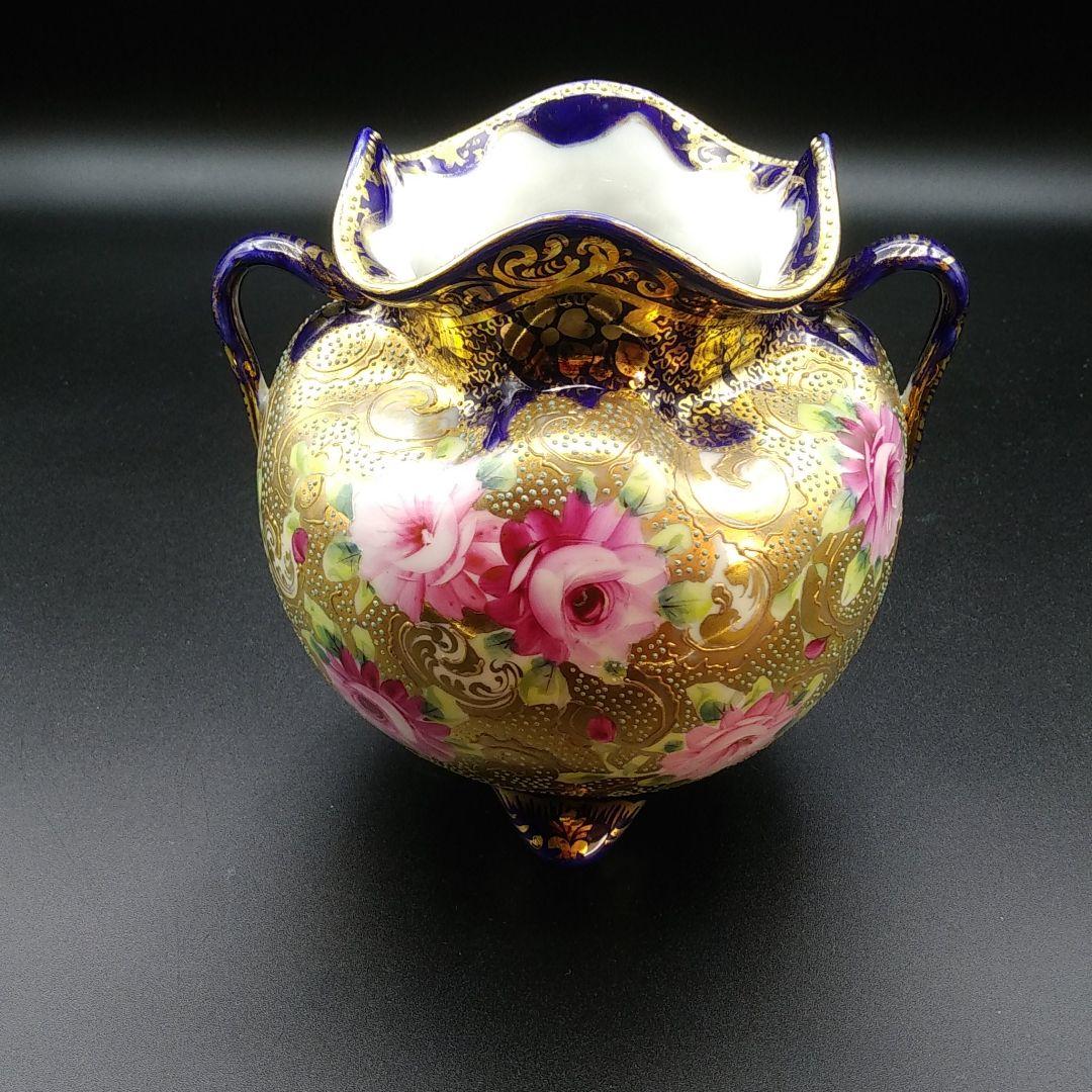 オールドニッポン コバルト 金盛り アクアビーディング 薔薇 花瓶