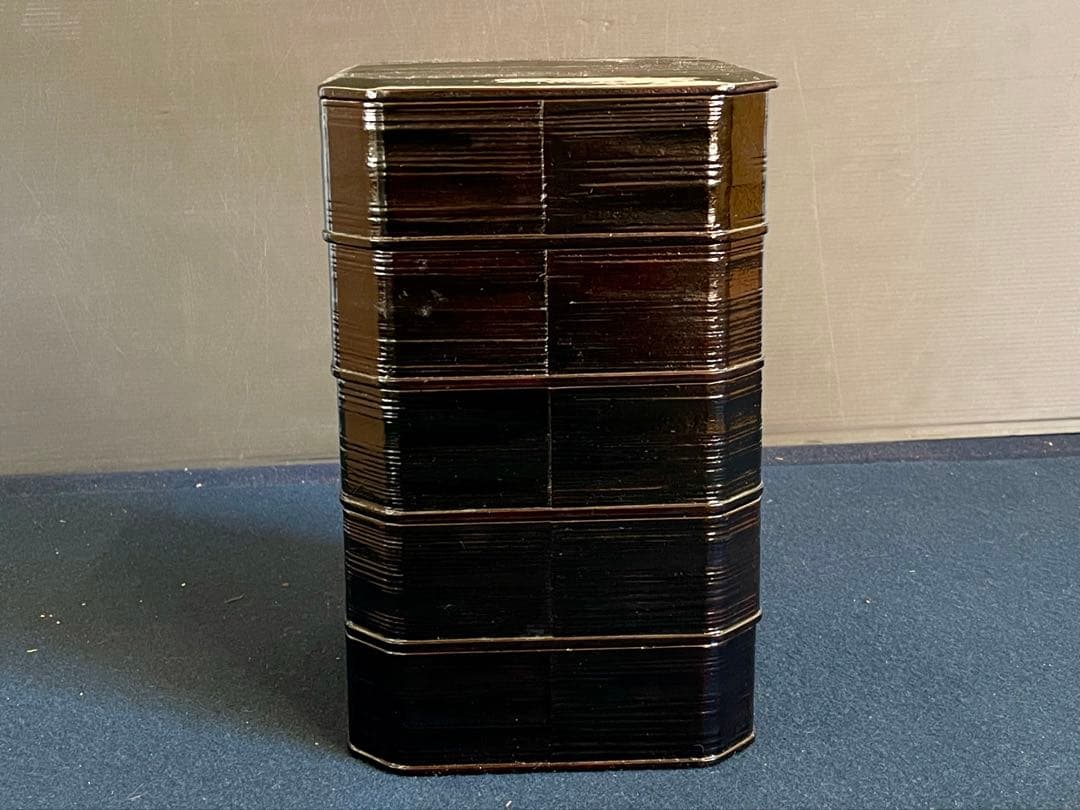 【美品】 利休形 一閑塗 五重 縁高 平安漆匠 鈴木 表朔 本堅地 ヘギ目 (Ｂ