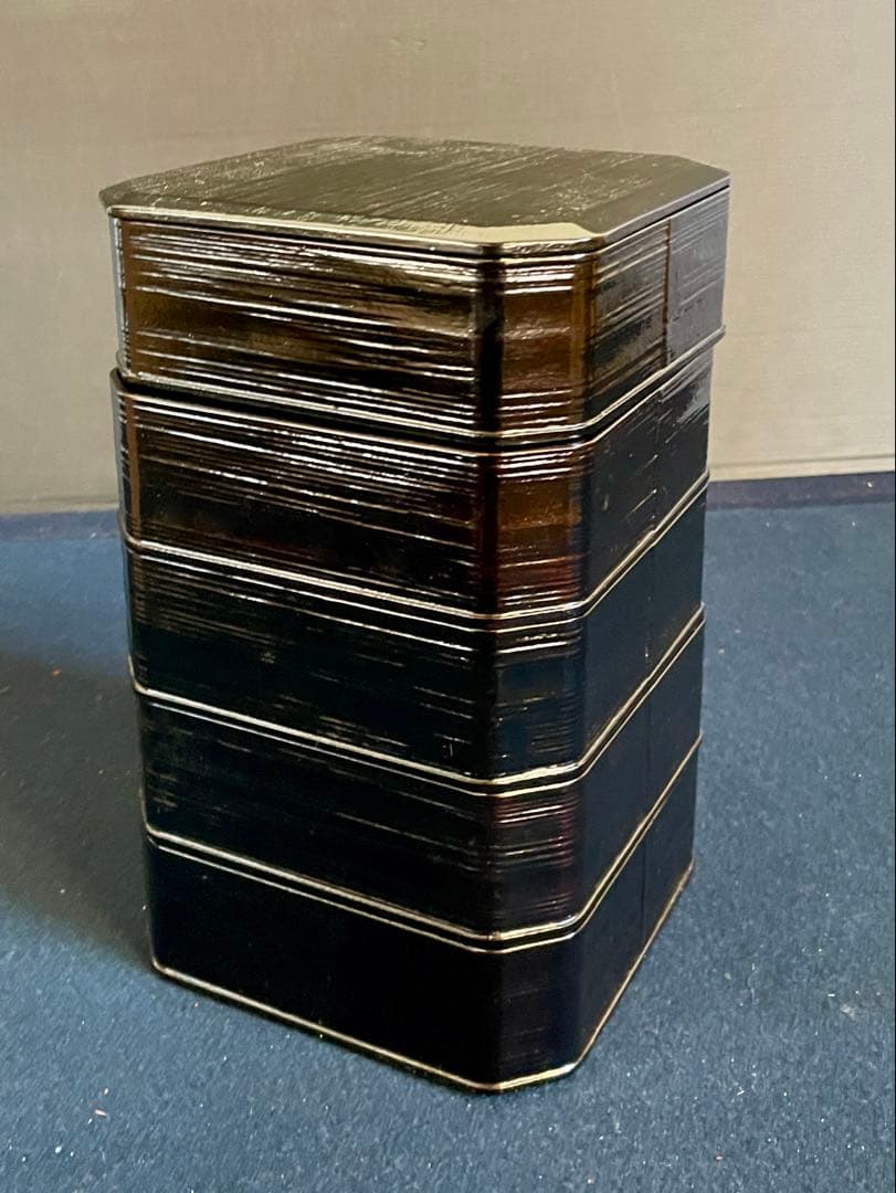 【美品】 利休形 一閑塗 五重 縁高 平安漆匠 鈴木 表朔 本堅地 ヘギ目 (Ｂ