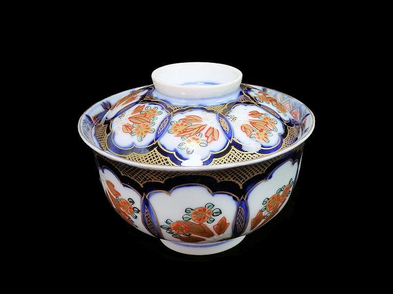 古伊万里　金襴手　陽刻　窓絵　花の図　蓋茶碗　２客　E114AS-CEk