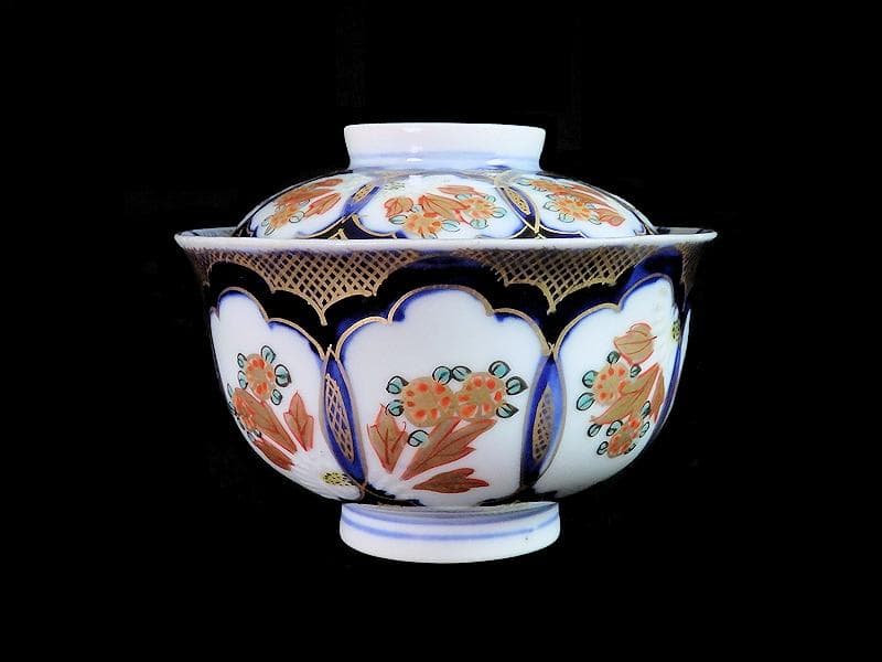 古伊万里　金襴手　陽刻　窓絵　花の図　蓋茶碗　２客　E114AS-CEk