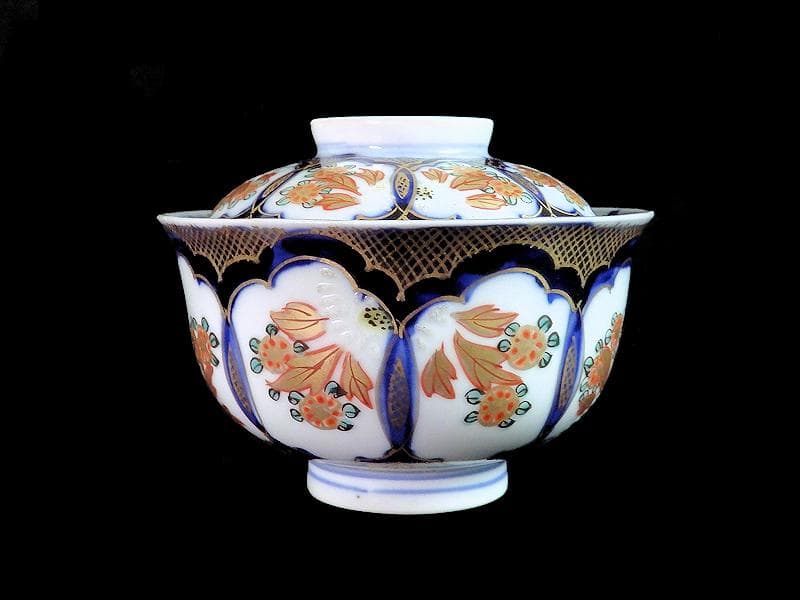 古伊万里　金襴手　陽刻　窓絵　花の図　蓋茶碗　２客　E114AS-CEk