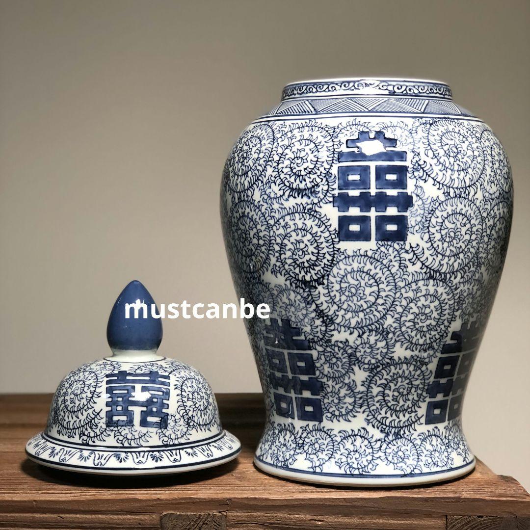青花喜字将軍缶 景徳鎮 陶磁器 装飾品 現代工芸品 美術品 置物