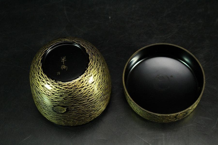 茶道具 沈金 松葉紋 棗 半洲作 共箱 美品(K-LC702)