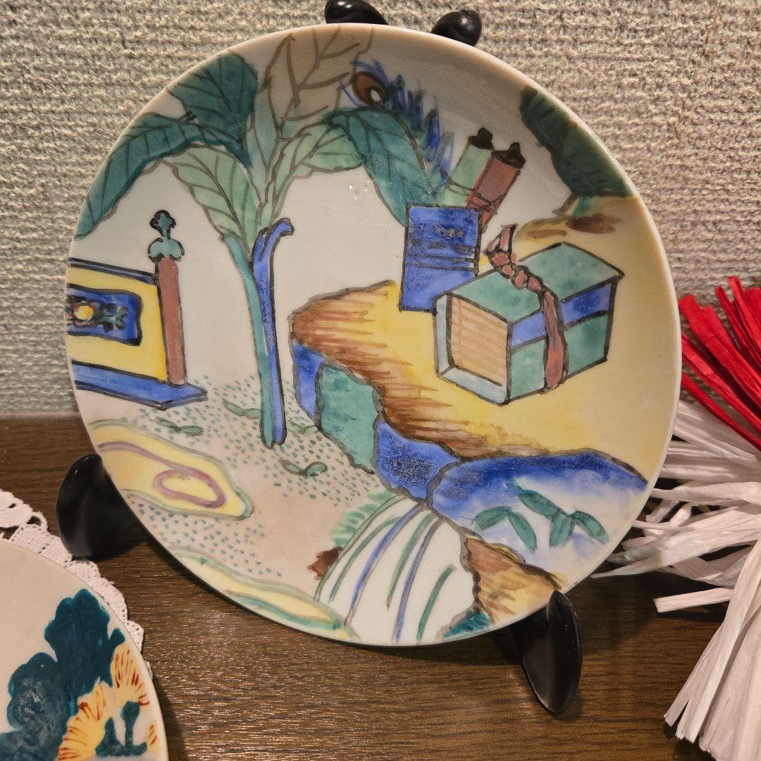 珍品 さかい焼 二代目金田新平 更さ色絵陶絵皿二枚