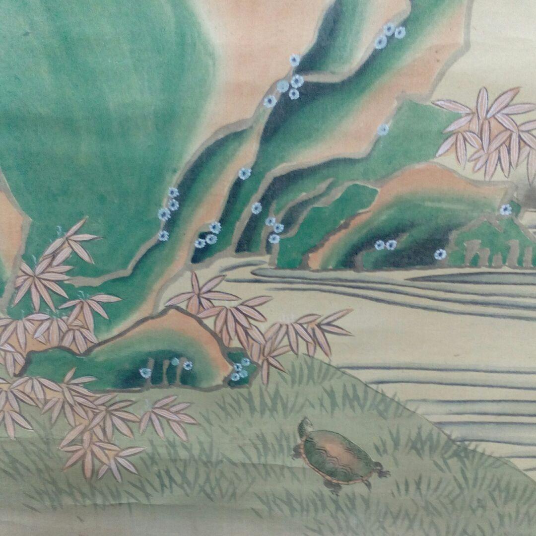 土佐光貞真筆江戸時代中期旧家蔵出絹本三幅対松鶴鹿仙人梅亀掛軸時代共箱付当時物