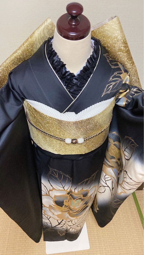 振袖フルセット　黒金花柄　振袖　振袖６点セット　袋帯　成人式