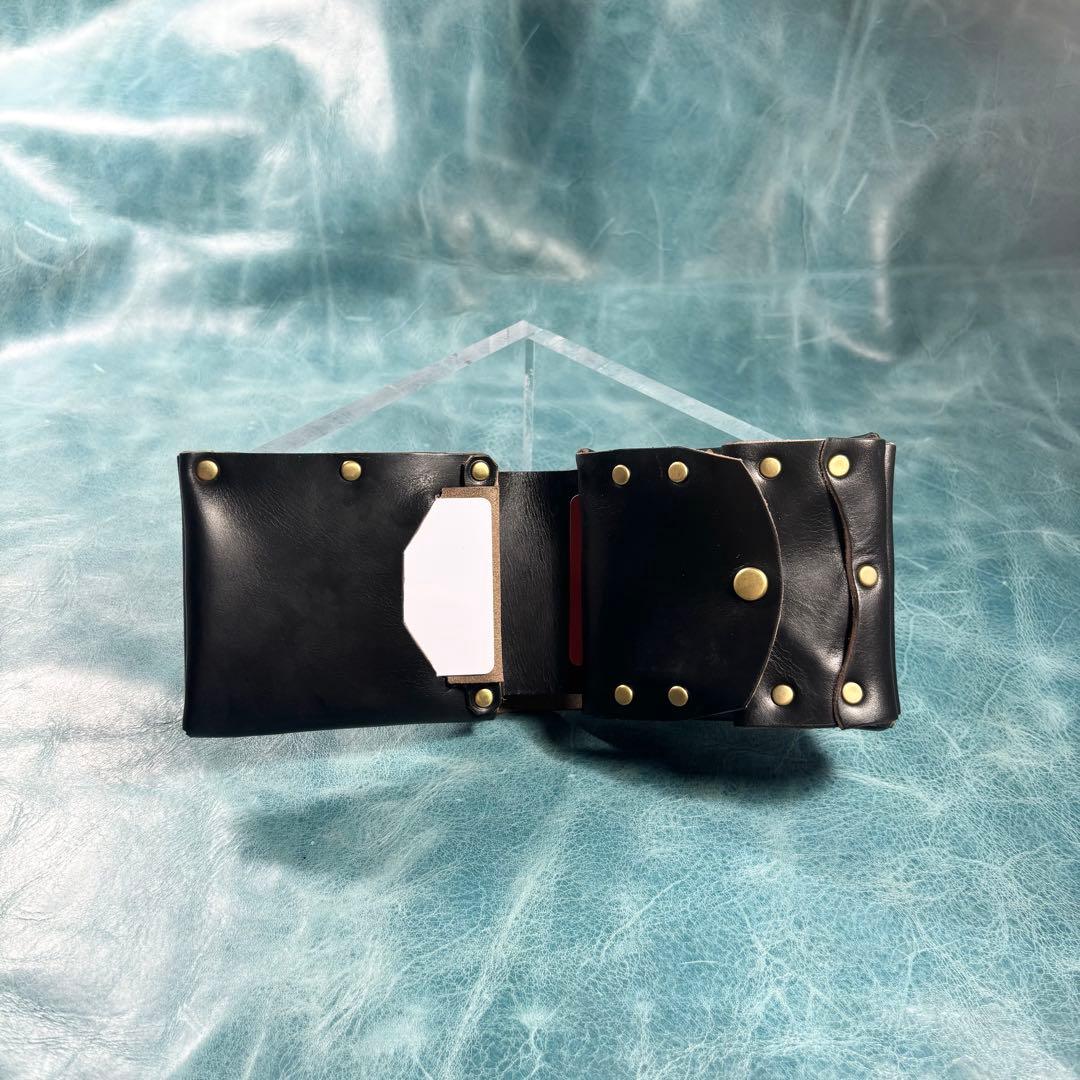 ハンドメイド　二つ折り　革財布　クロムエクセル黒色　真鍮　classical①