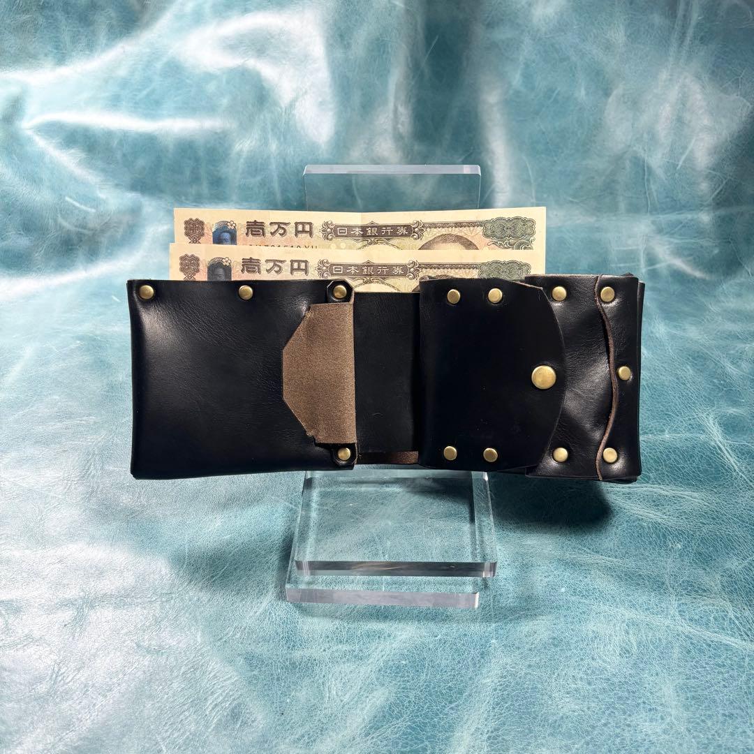 ハンドメイド　二つ折り　革財布　クロムエクセル黒色　真鍮　classical①