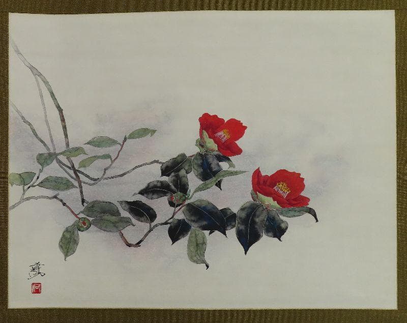 掛軸●　河出幸之助　『椿』　美品　共箱　二重箱　太巻　肉筆　【日本画】