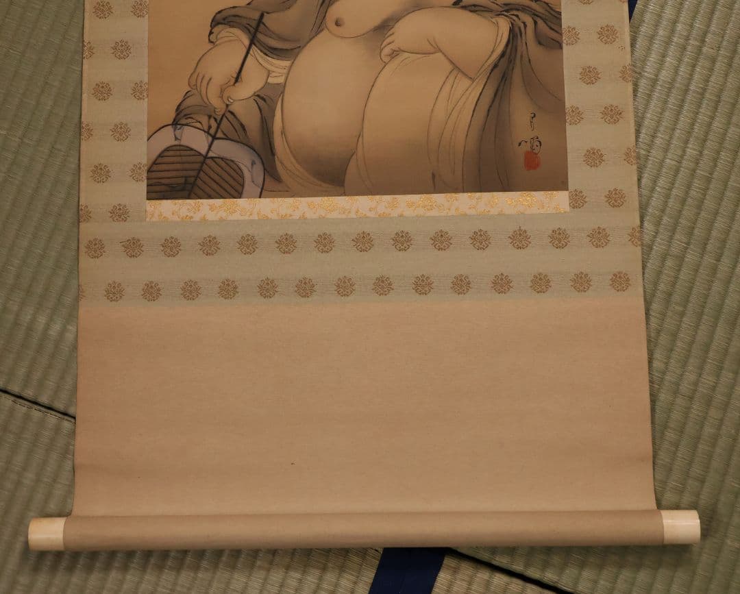 【模写】日本画 杉木月嘯 月見布袋図 絹本 掛軸 MB12