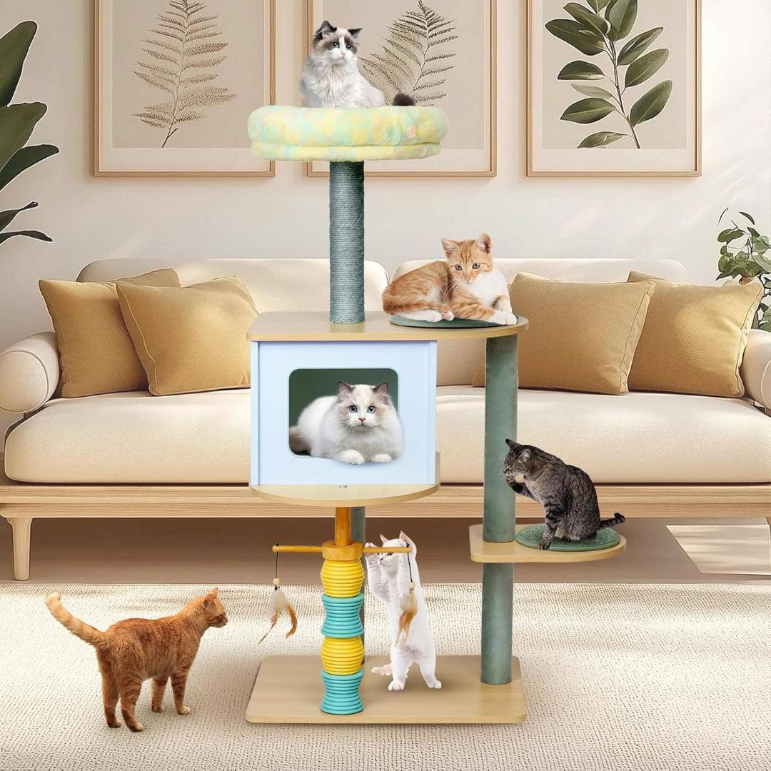 高級木製 猫キャットタワー 125cm 3段 爪とぎ ハンモック ボールおもちゃ