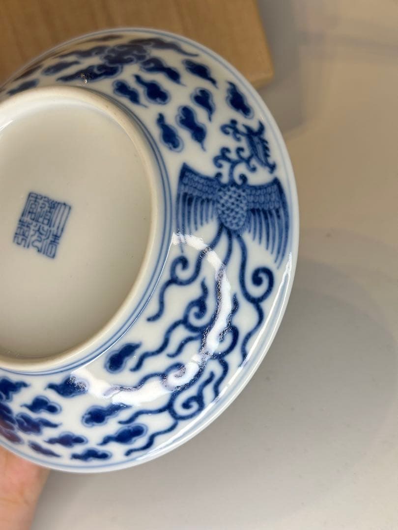 中国清代　青花染付　対頭鳳紋皿　大清道光年制　共箱共布　古陶磁　中国古美術骨董品