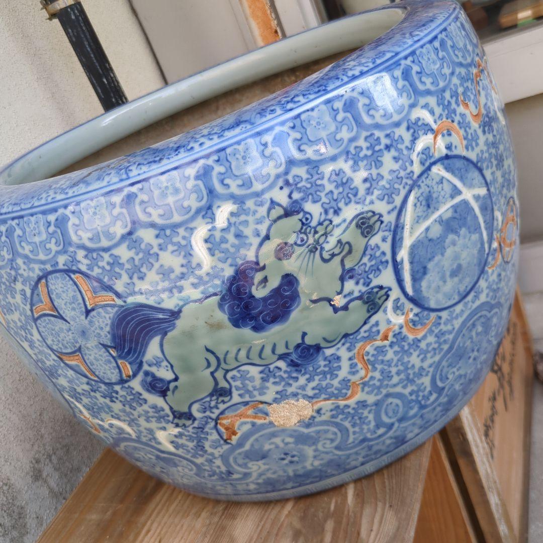 骨董 大型 火鉢 伊万里 染め付け 丸紋 睡蓮鉢 金魚 メダカ 鉢カバー