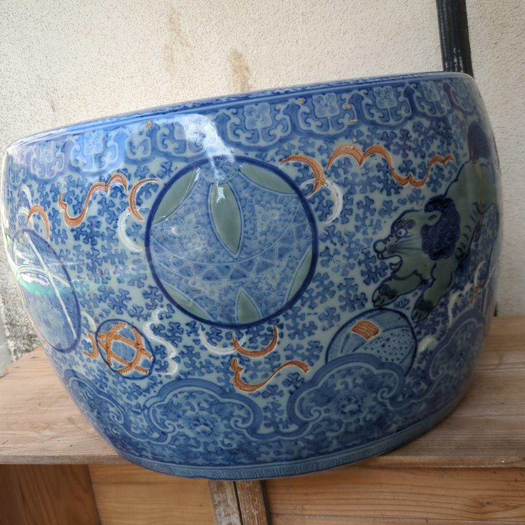 骨董 大型 火鉢 伊万里 染め付け 丸紋 睡蓮鉢 金魚 メダカ 鉢カバー