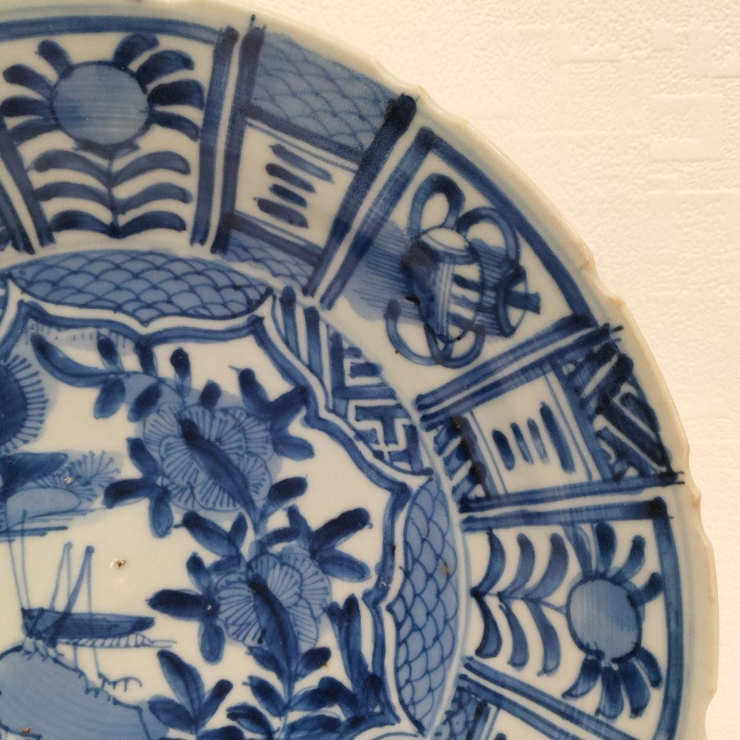 u348-6　中国 清朝期 古染付 芙蓉手 飛蝗文大皿 時代唐物　Q