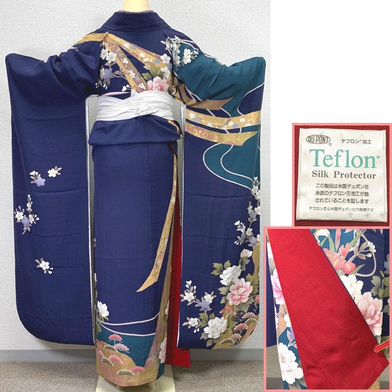 511z50.410y11.小物類〇振袖 金彩 牡丹 桜 熨斗 紺色〇美品