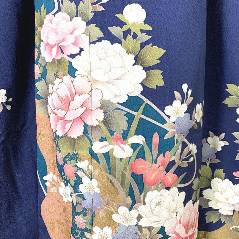 511z50.410y11.小物類〇振袖 金彩 牡丹 桜 熨斗 紺色〇美品