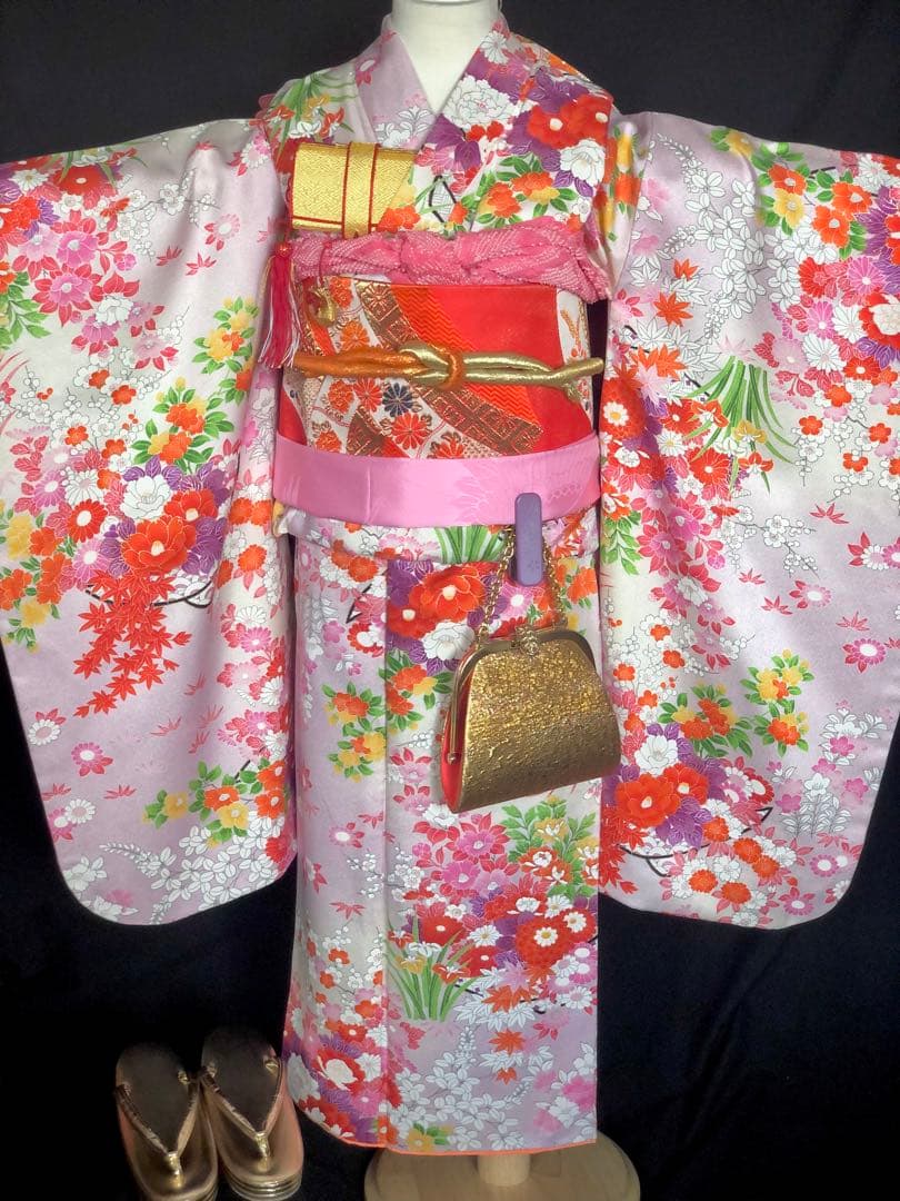 七五三　7歳　着物　作り帯　セット　女の子　7才　アンティーク　薄紫　四つ身