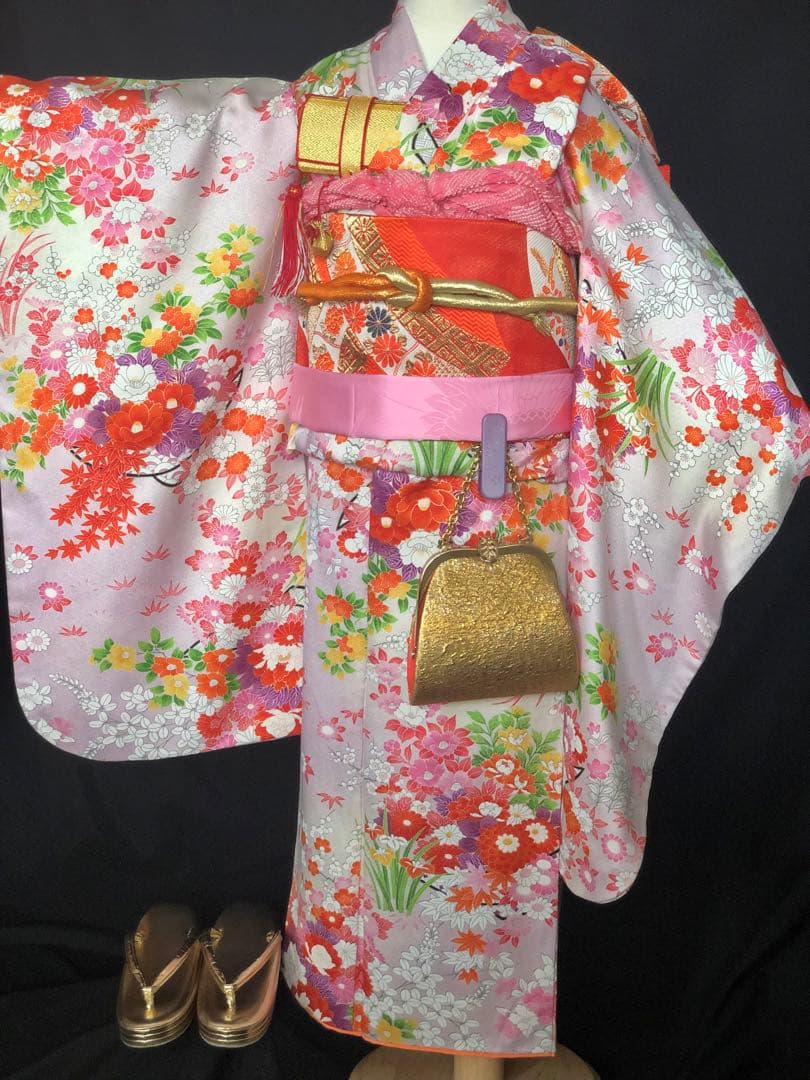 七五三　7歳　着物　作り帯　セット　女の子　7才　アンティーク　薄紫　四つ身