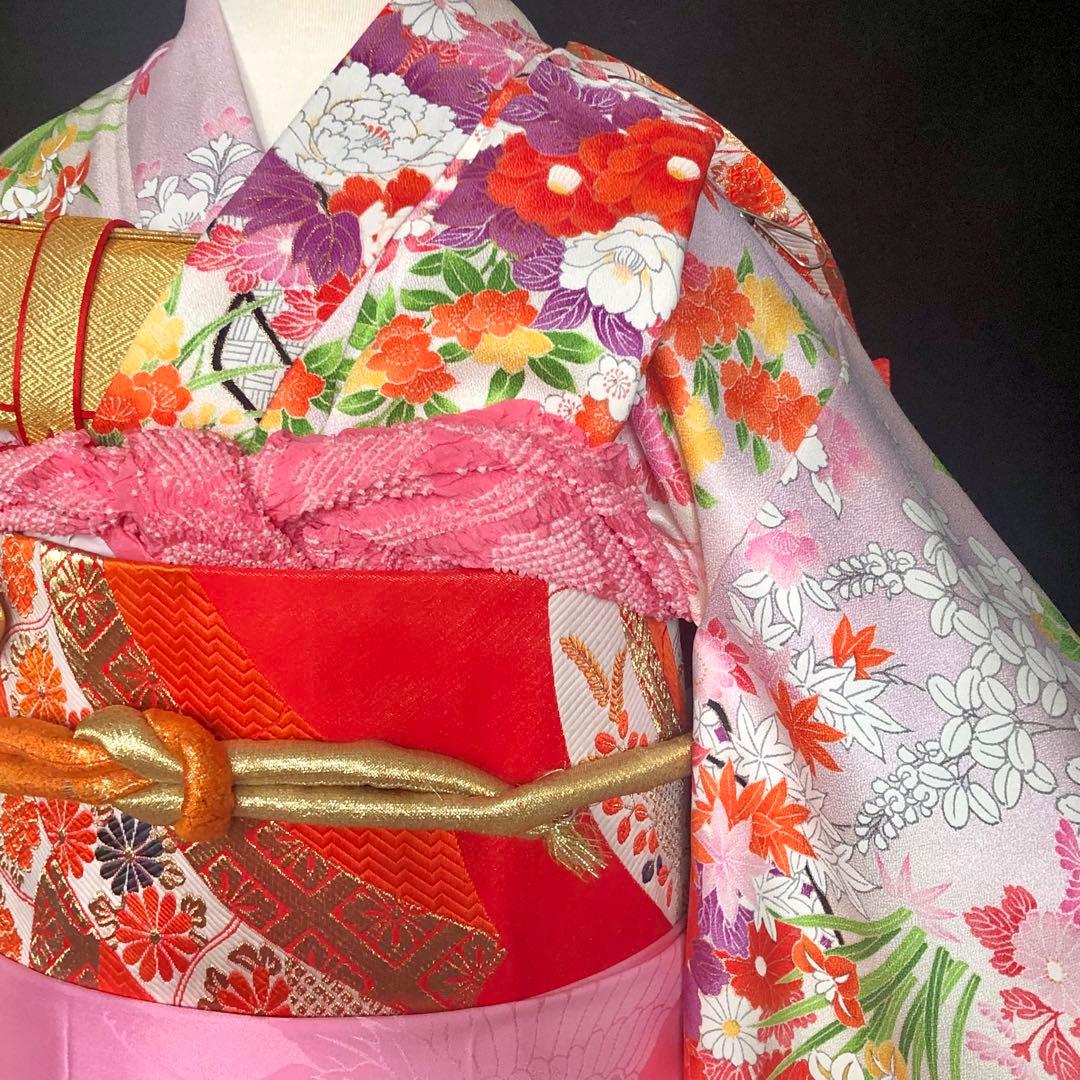 七五三　7歳　着物　作り帯　セット　女の子　7才　アンティーク　薄紫　四つ身