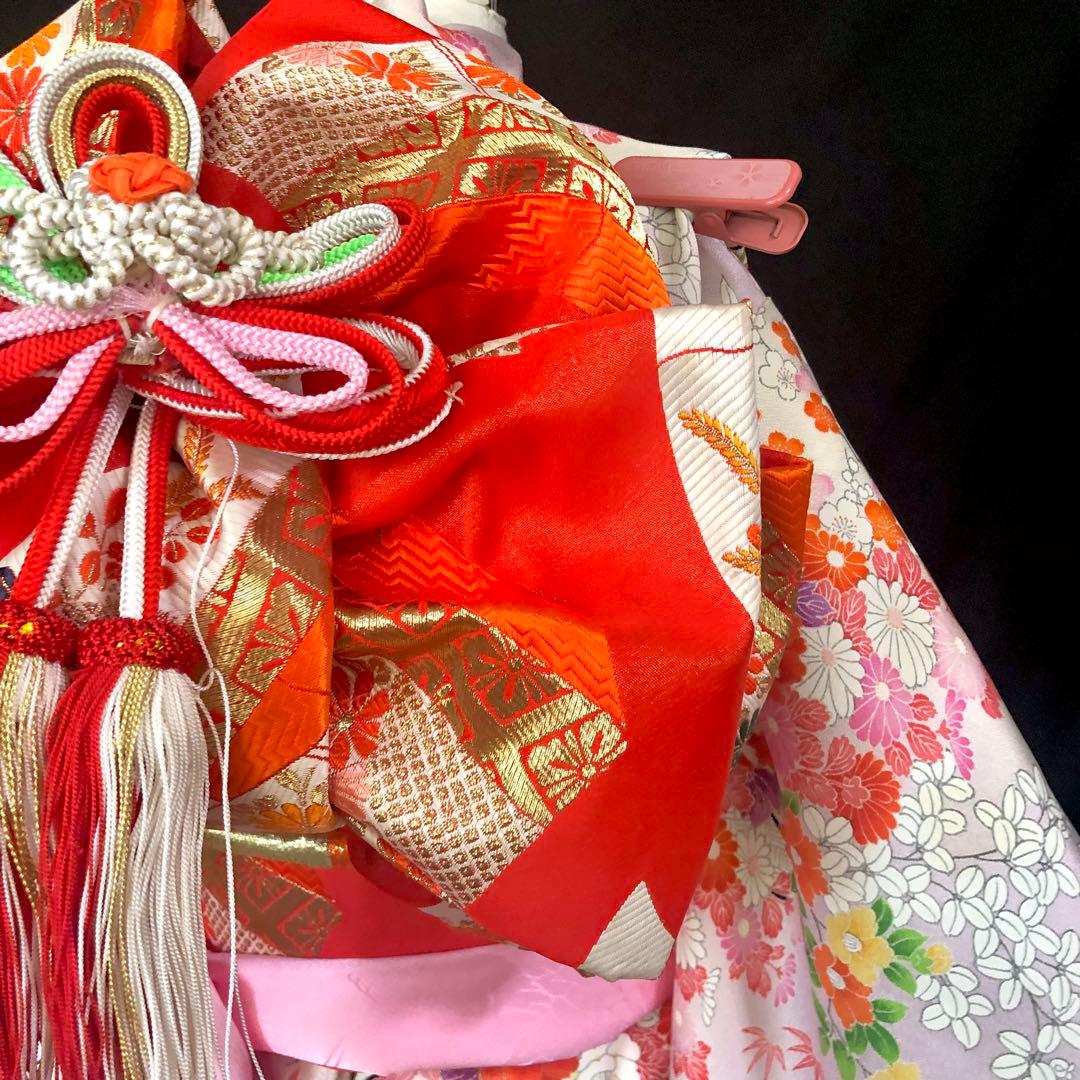 七五三　7歳　着物　作り帯　セット　女の子　7才　アンティーク　薄紫　四つ身