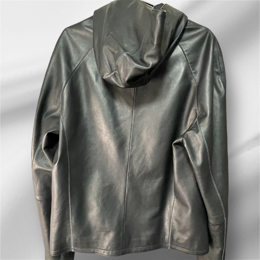 美品 エンポリオ アルマーニ レザージャケット 黒タグ フード付 羊革 48Sz