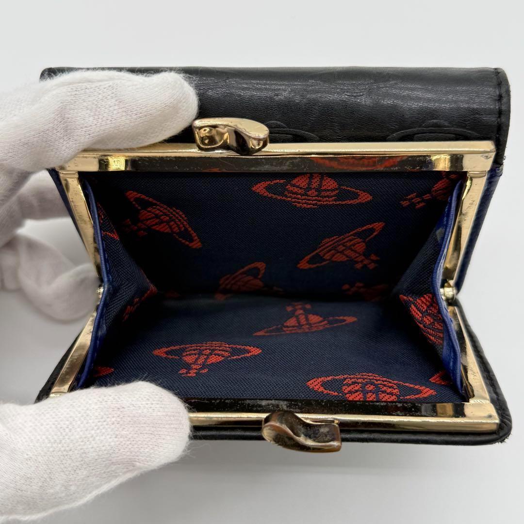 【良品】Vivienne オーブ型押し 三つ折り財布 がま口 レザー ブラック