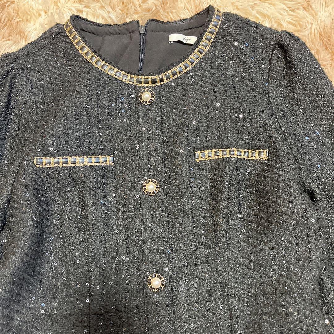 Leja (M) ラメ混ツイードレザーパイピングパール釦スパンコールマーメイド