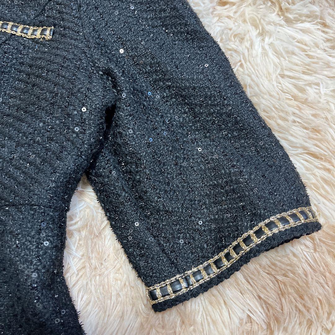 Leja (M) ラメ混ツイードレザーパイピングパール釦スパンコールマーメイド