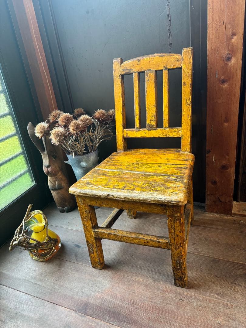 フランス アンティーク 木製 キッズチェア イエロー シャビーシック