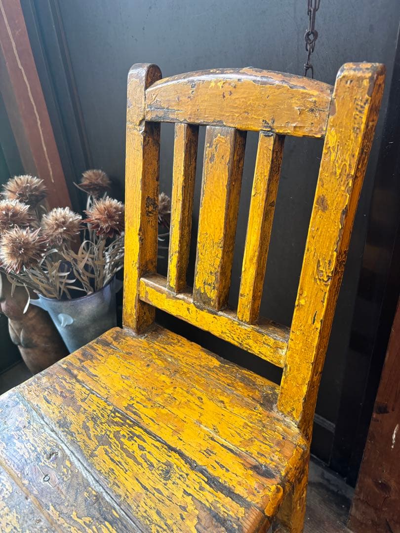 フランス アンティーク 木製 キッズチェア イエロー シャビーシック