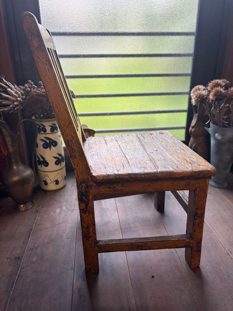 フランス アンティーク 木製 キッズチェア イエロー シャビーシック
