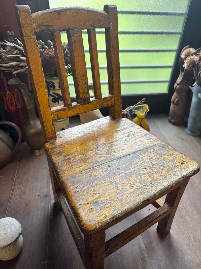 フランス アンティーク 木製 キッズチェア イエロー シャビーシック