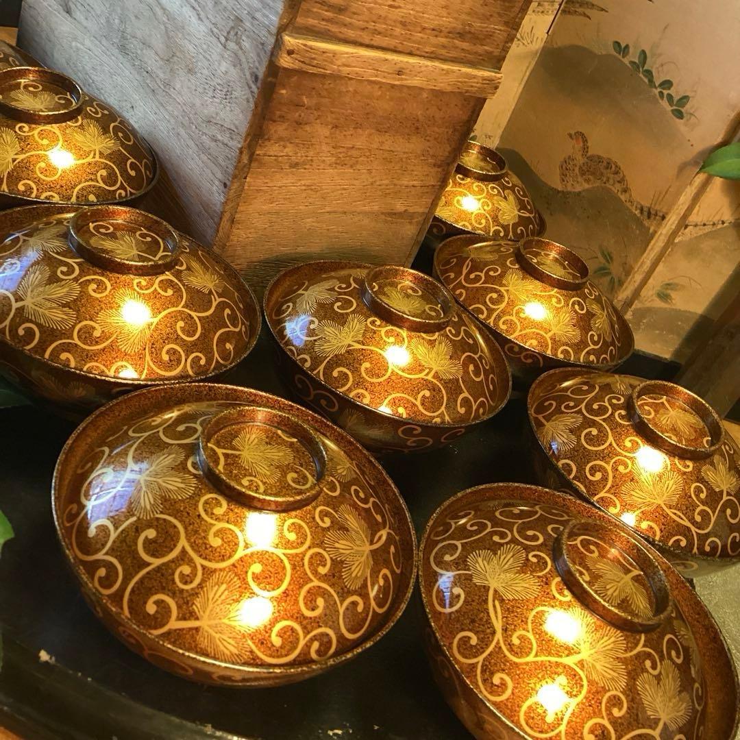 A1033 木製輪島塗　懐石道具　総梨地　松葉唐草　蒔絵　吸物椀　　5客