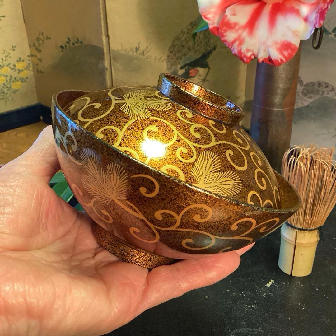 A1033 木製輪島塗　懐石道具　総梨地　松葉唐草　蒔絵　吸物椀　　5客