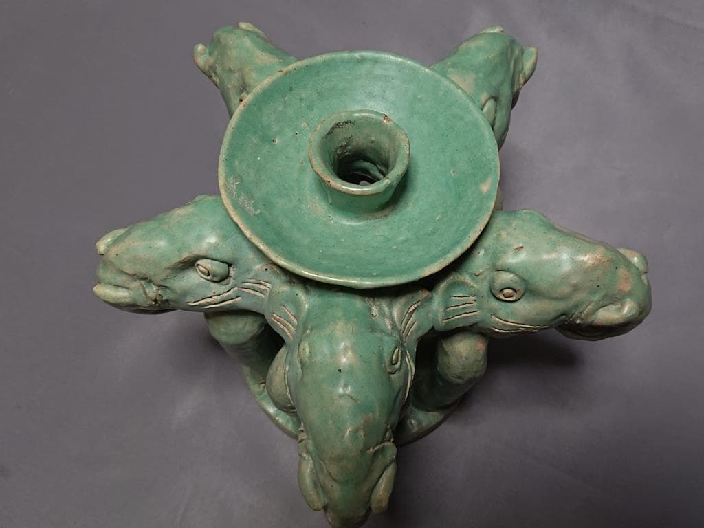 コレクター収集　　ミヤンマー　モン族　緑釉　五象燭台　15～16世紀