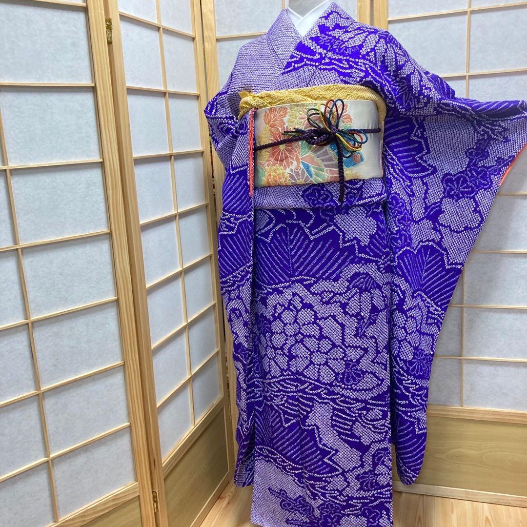 ［9166］振袖 4点セット 総絞り 成人式 着物 袷 正絹 卒業式 紫 逸品