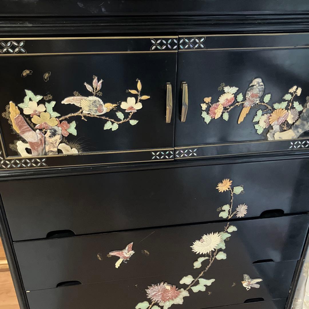黒塗　螺鈿箪笥　玉石木製箪笥　花鳥装飾 4段　開戸１段