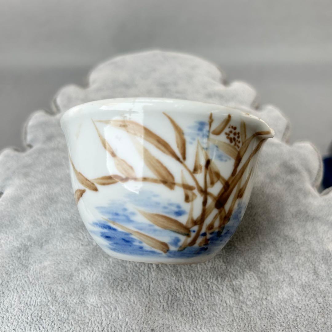 平安竹泉造 陶器 茶碗 青い花柄とカ