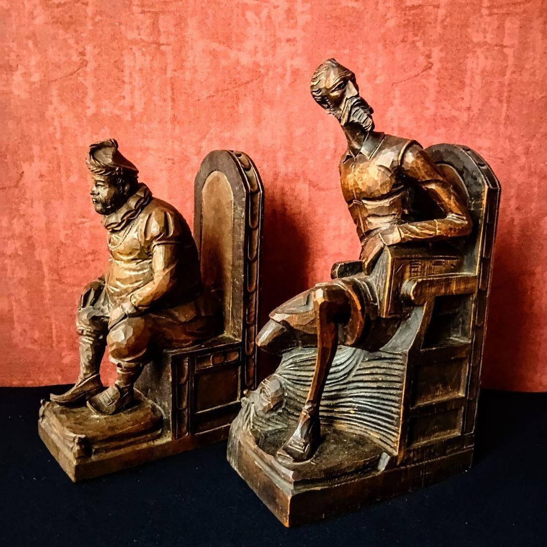 '60s スペイン◆ヴィンテージ◆木製 ブックエンド◆ドン・キホーテ◆手彫り