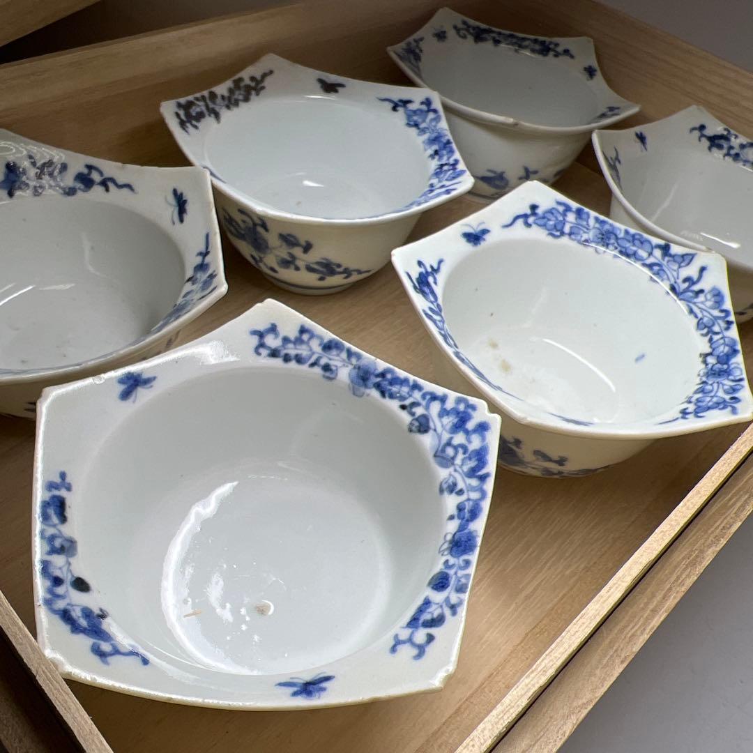 江戸中期　藍柿右衛門花唐草向付六客　木箱付　幅約10.5㎝東Y8-0123☆2F