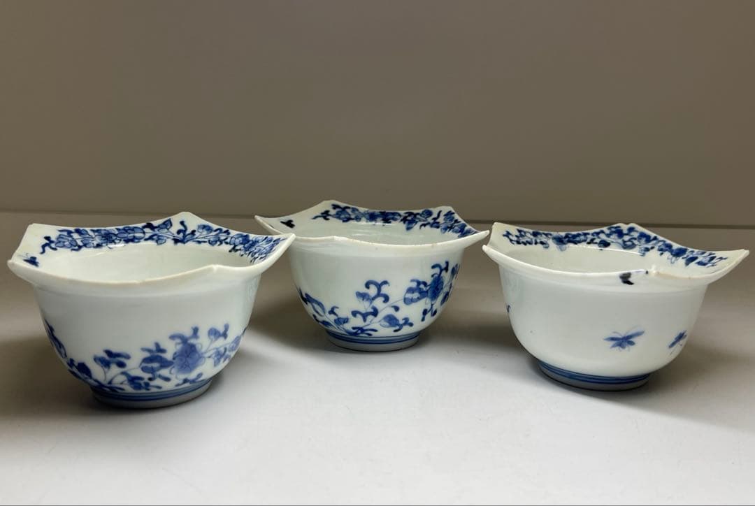 江戸中期　藍柿右衛門花唐草向付六客　木箱付　幅約10.5㎝東Y8-0123☆2F