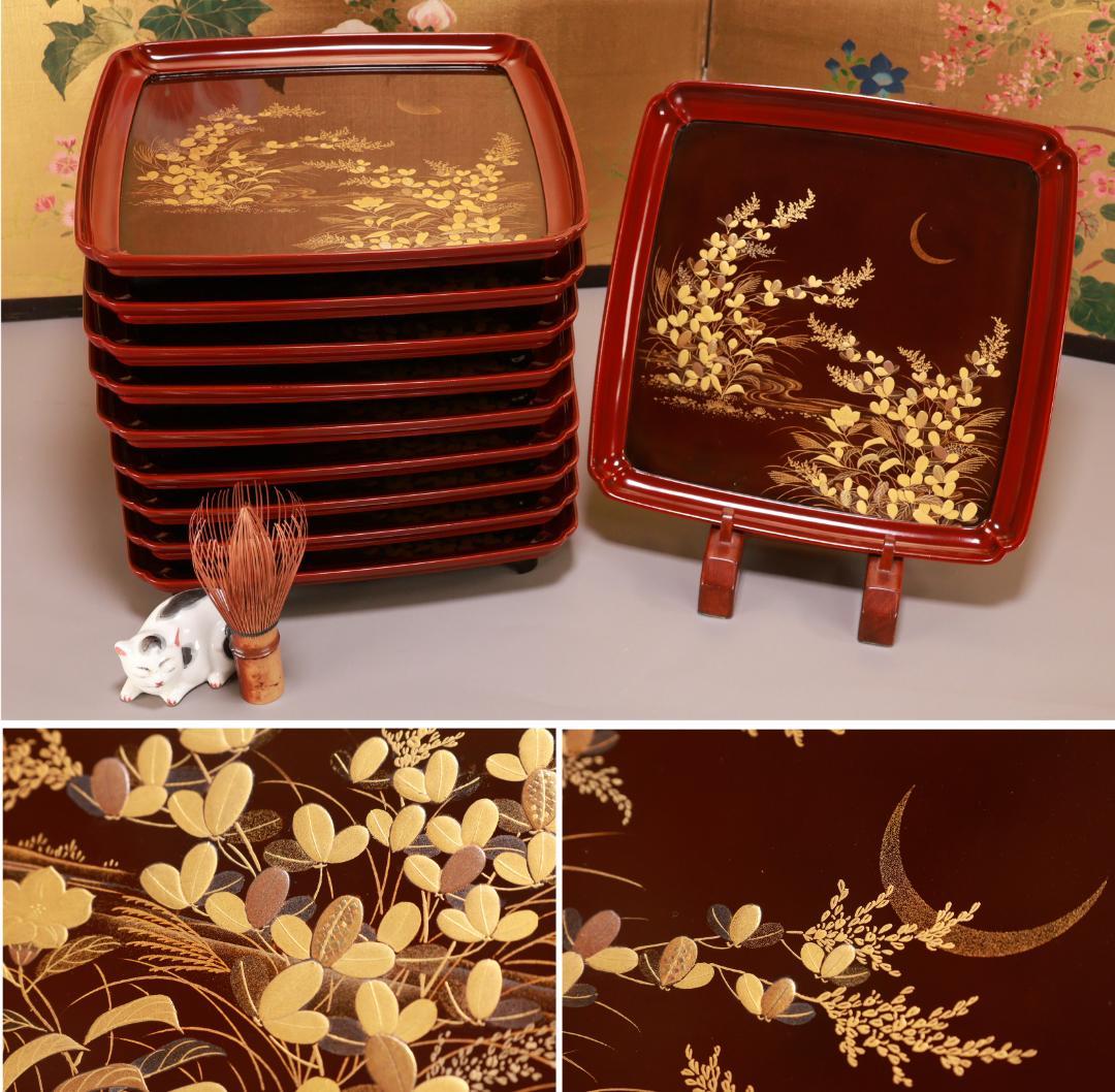 BJ062 木製漆器　萩野月蒔絵　吸物盆　吸物膳　十客　絵違い　図替わり　共箱